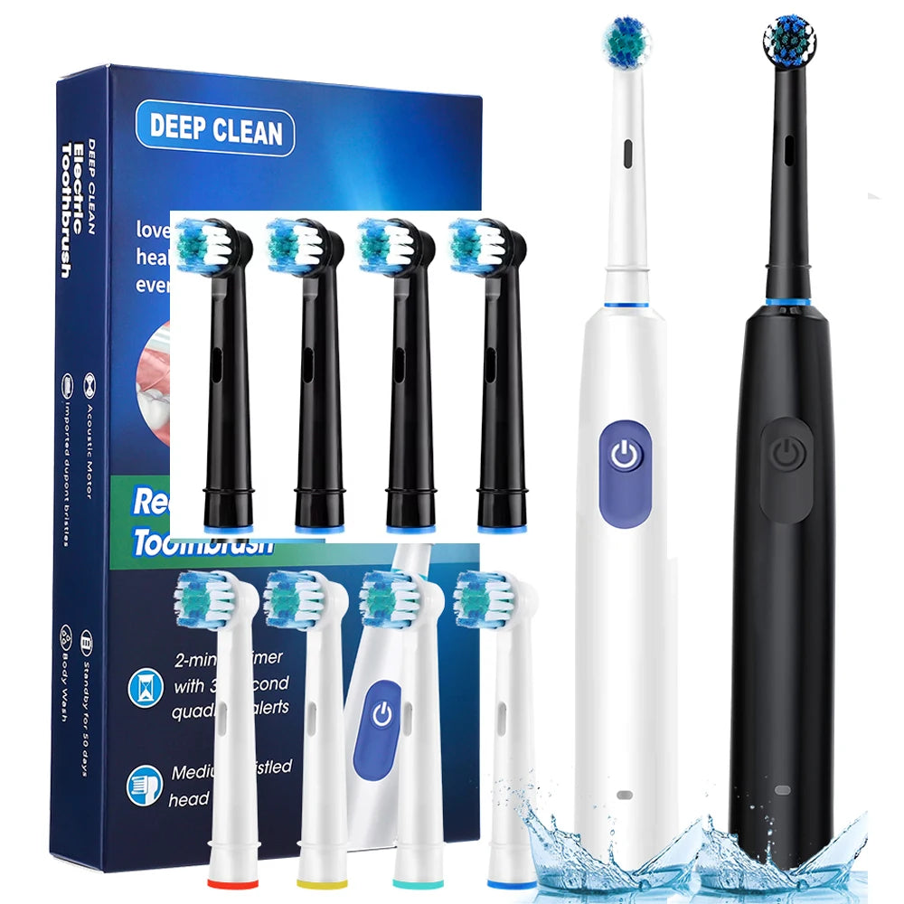 Brosse à Dents Électrique Rotative – Nettoyage Profond, Rechargeable, 8 Têtes Incluses