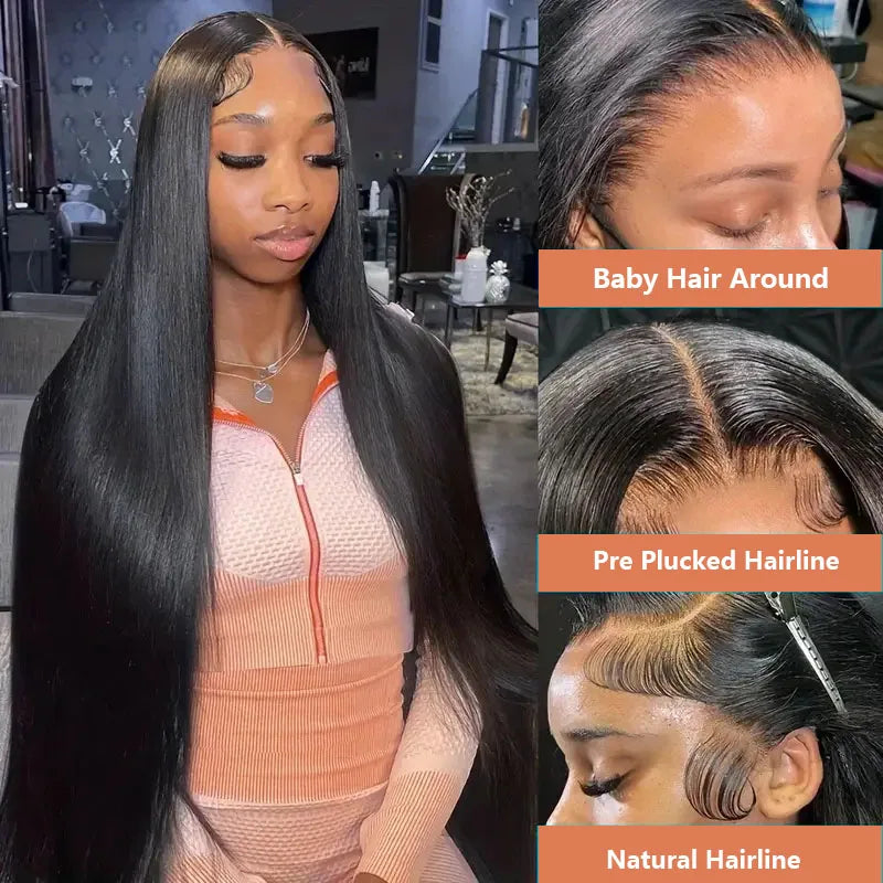 Perruque Lisse Sans Colle 360 Lace Front HD 5x5 — Cheveux Brésiliens Noir Naturel 30 Pouces Pré-Épilée